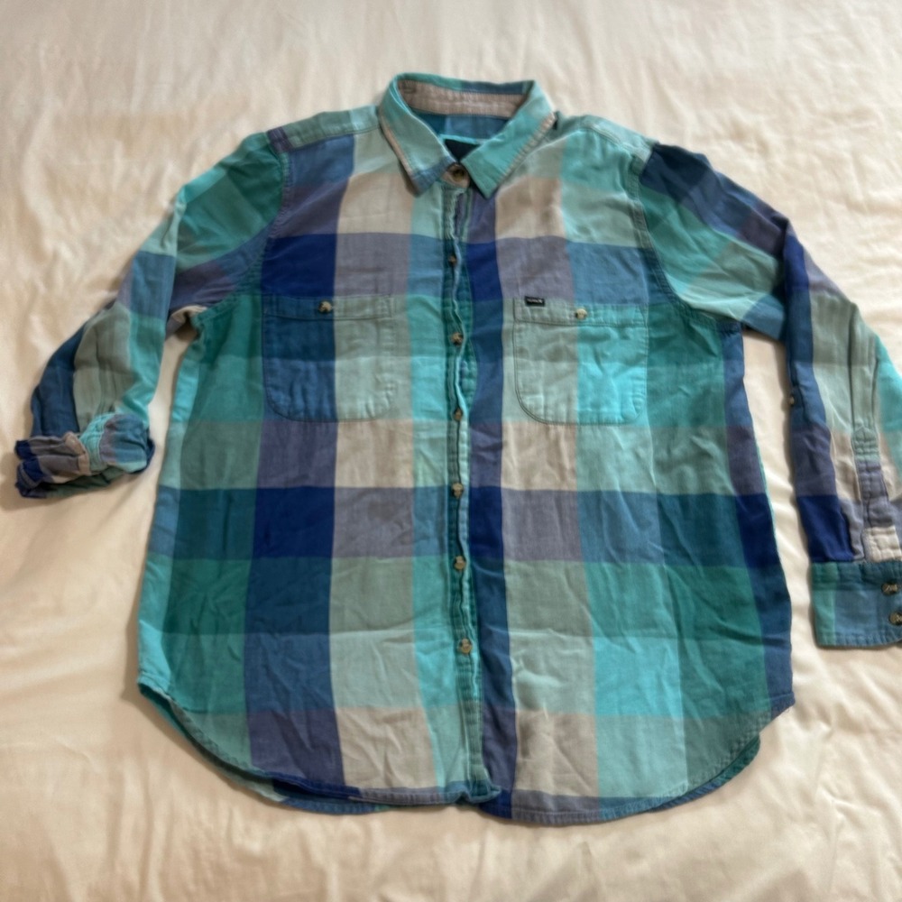 Hurley Wilson Boyfriend Plaid Button Down‎ Shirt Teal Blue Women XL